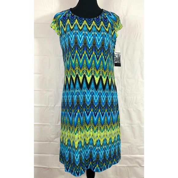 Ronni Nicole Blue/Green/Yellow Geometric Print Cap Sleeve Sheath Dress Size 6 - Picture 1 of 12